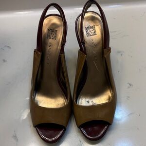 Anne Klein Tan and Burgundy Peep-Toe Slingback Heels